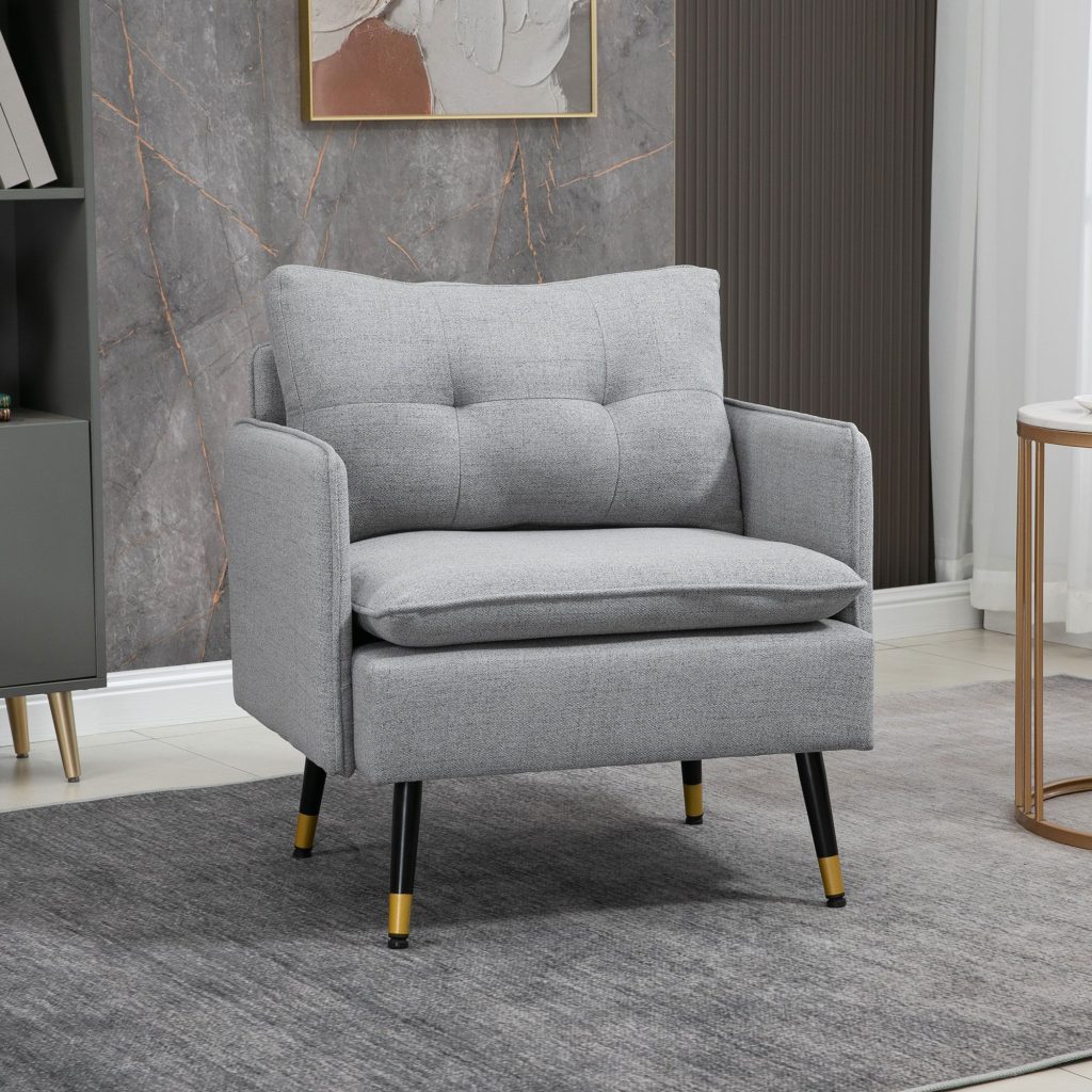 One Seater Sofa with Steel Legs Button Tufted Backrest for Living Room Dark