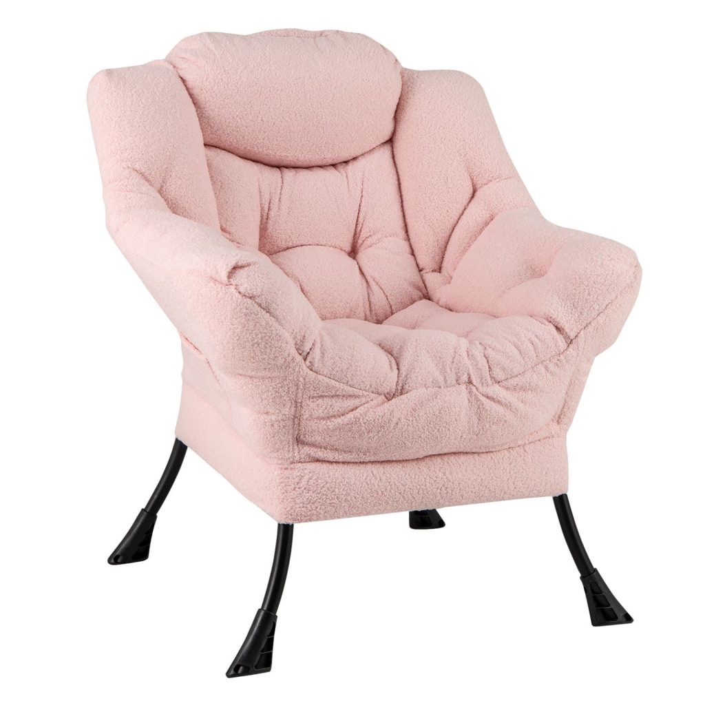 Large Lazy Chair Sherpa Upholstered Accent Chair with Head Pillow Pink | Bed Sava