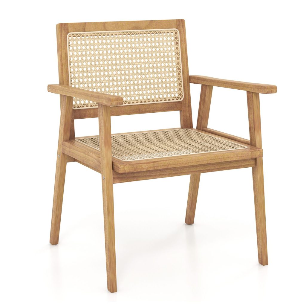 Outdoor Wood Chair Teak Wood Armchair w/ Rattan Seat & Back Modern Dining Chair