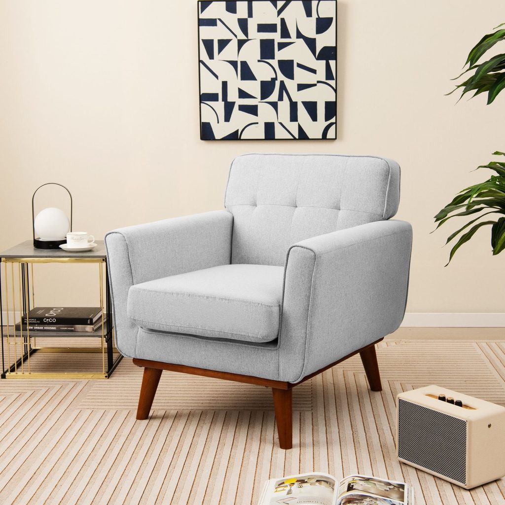Upholstered Linen Fabric Armchair Button Tufted Single Sofa Chair