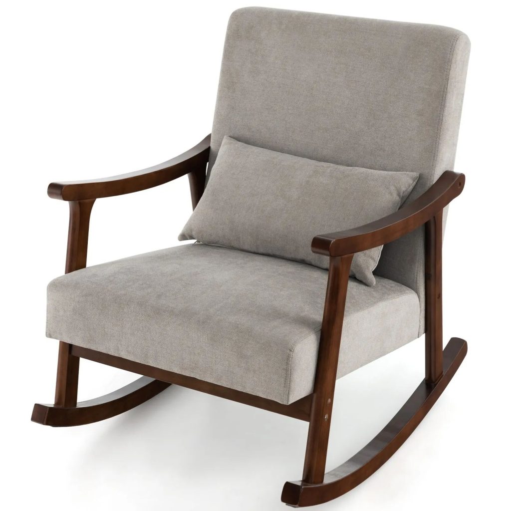 Wooden Rocking Accent Chair Upholstered Rocker Armchair w/ Rubber Wood Armrests
