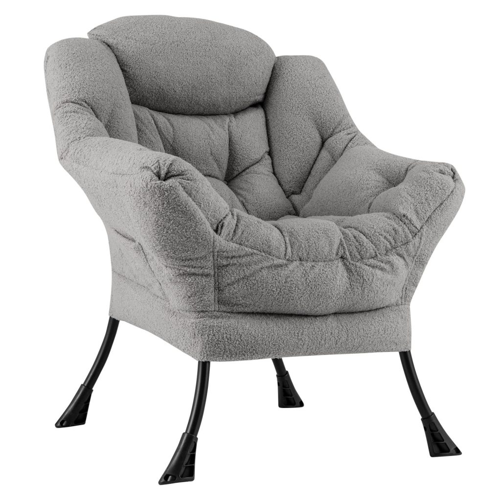Large Lazy Chair Sherpa Upholstered Accent Chair With Head Pillow | Bed Sava