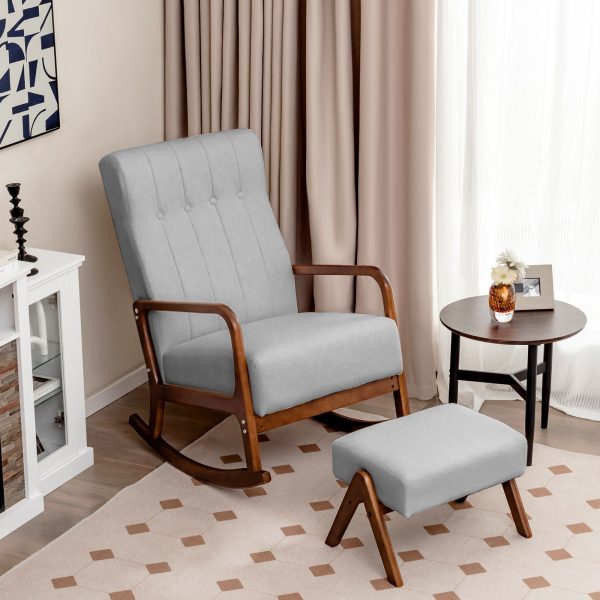 Rocking Chair with Ottoman Upholstered Fabric Tufted Glider Chair  Footrest Set | Bed Sava