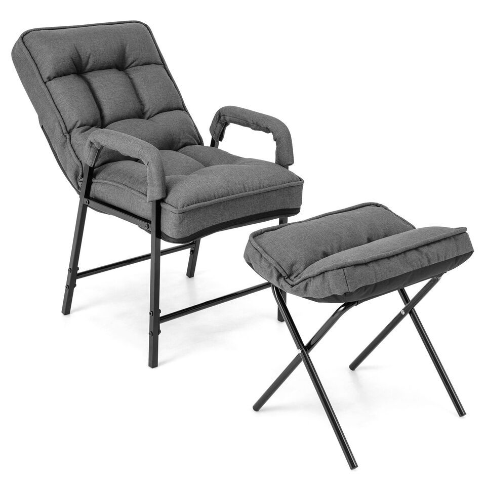 Modern Accent Chair Linen Fabric Upholstered Single Sofa Chair w/Ottoman