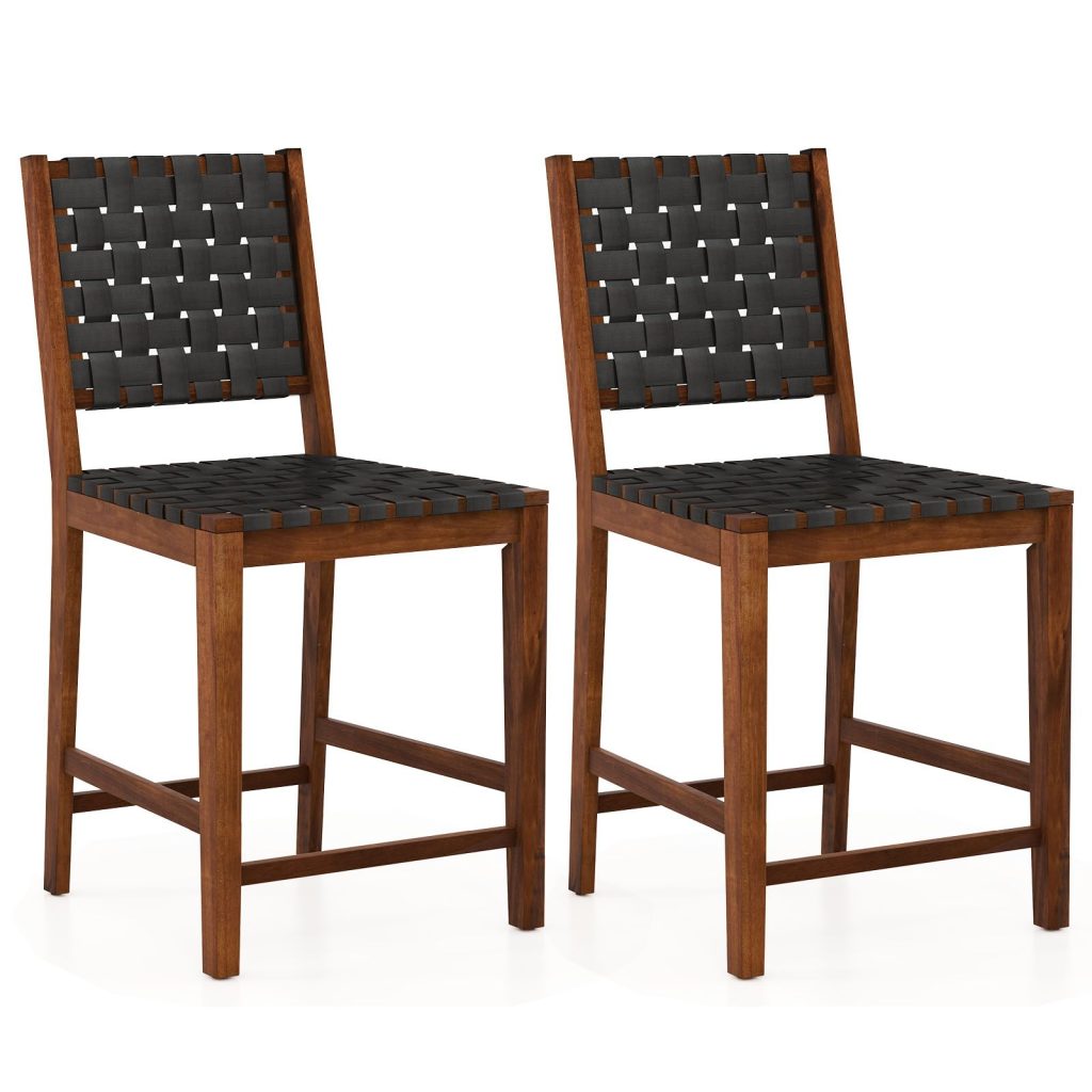 Woven Bar Stools Set of 2 Counter Height Chairs w/ Faux PU Leather Straps