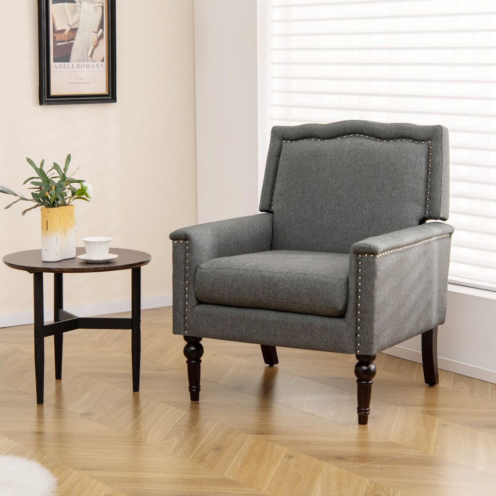 Modern Armchair Linen Fabric Upholstered Single Sofa Side Chair with Nailhead Trim