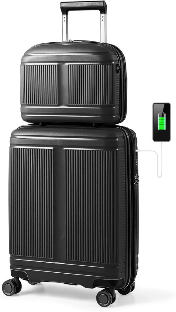 2Pcs Luggage Set 20” Carry-on Suitcase 14” Cosmetic Case With USB Port