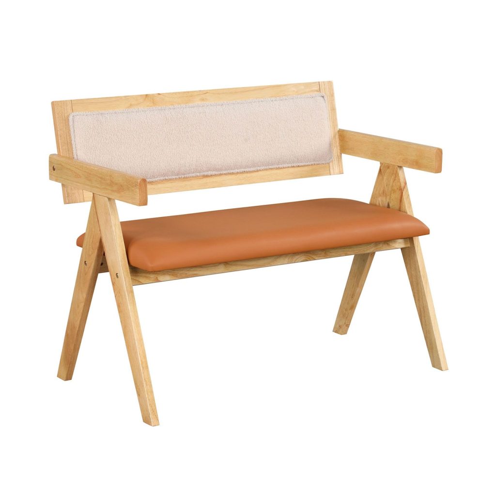 Wooden Dining Bench With Sherpa Upholstered Backrest Padded Seat