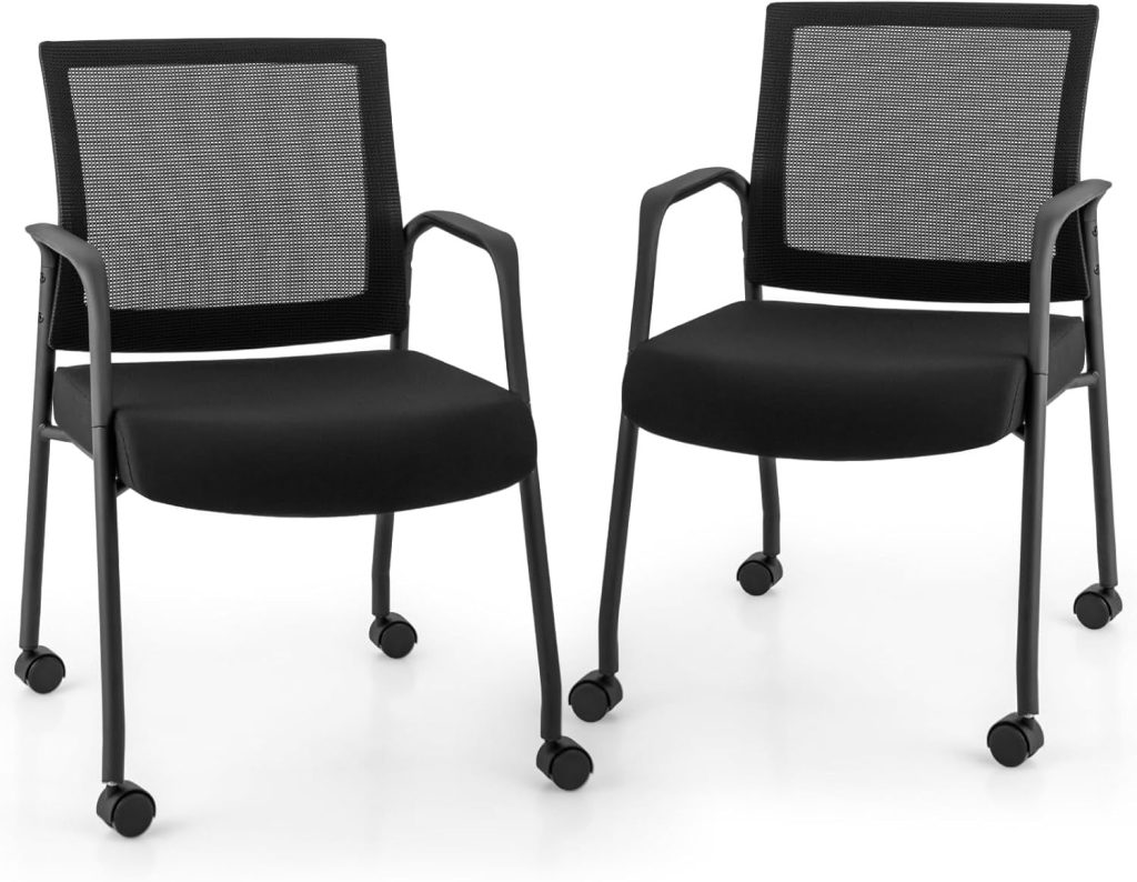 2 PCS Office Guest Chairs on Wheels With Mesh Back Metal Frame  Armrests | Bed Sava