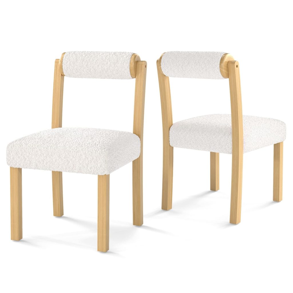 Wooden Dining Chair Set of 2 Faux Sherpa Upholstered Chairs-White