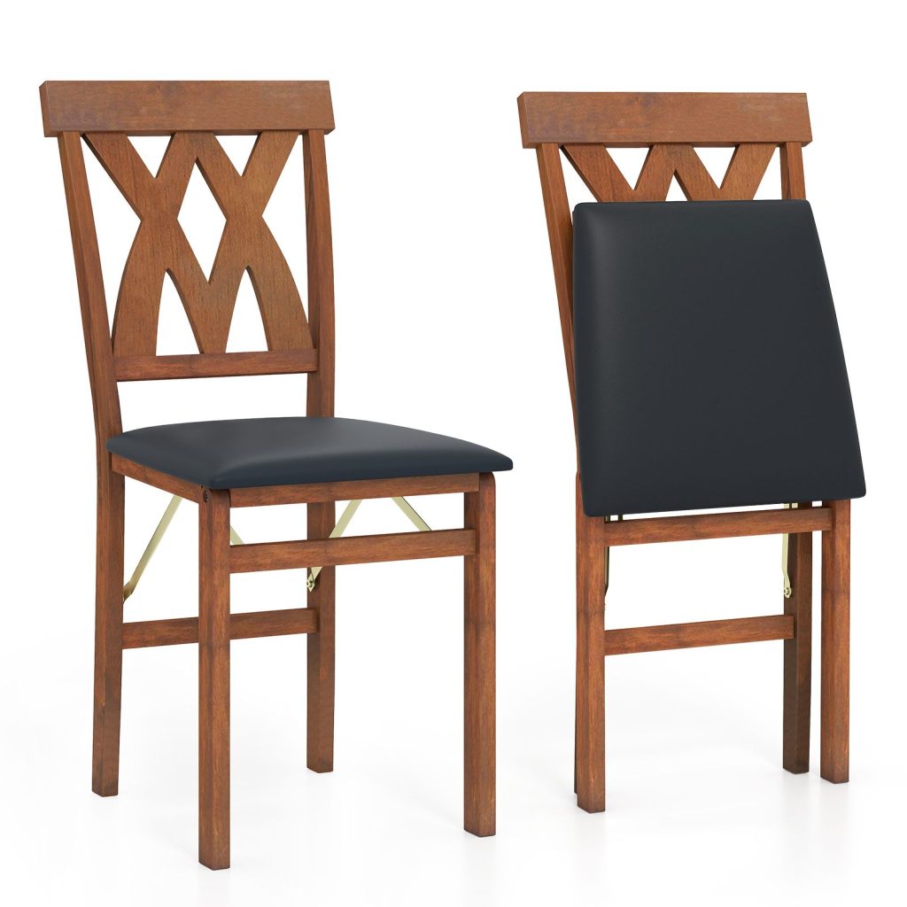 2 Pcs Folding Wooden Dining Chair Faux Leather Upholstered Chairs | Bed Sava