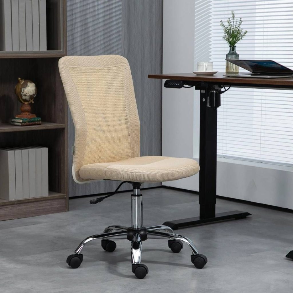 Armless Office Chair with Mesh Back Wheels Beige