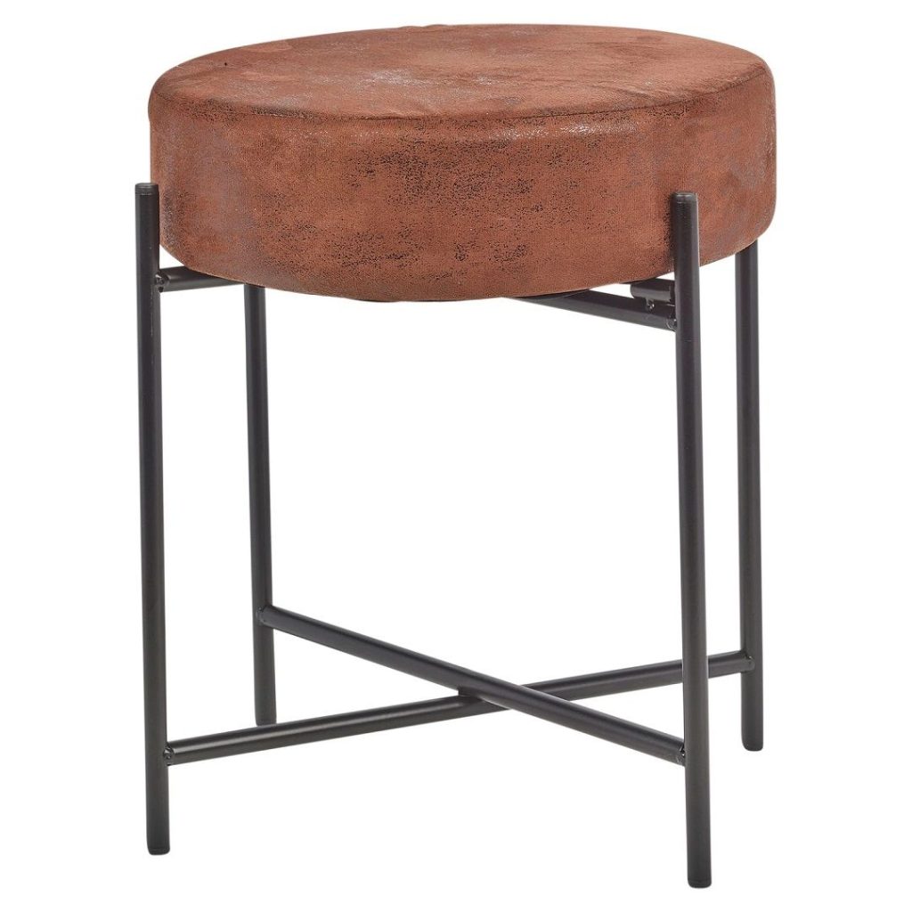 Brown Faux Leather Stool, Round Padded Seat with Metal Legs