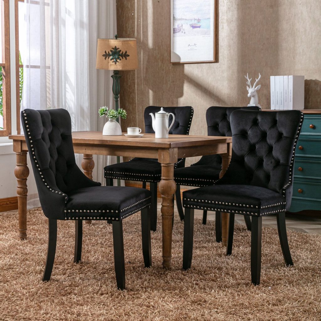 Angie 4 Lux Black Velvet Upholstered Kitchen Dining Chairs with Pull Knocker Back