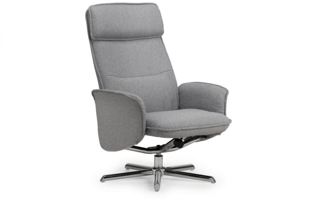 Grey Linen Recliner and Stool with Chrome Base