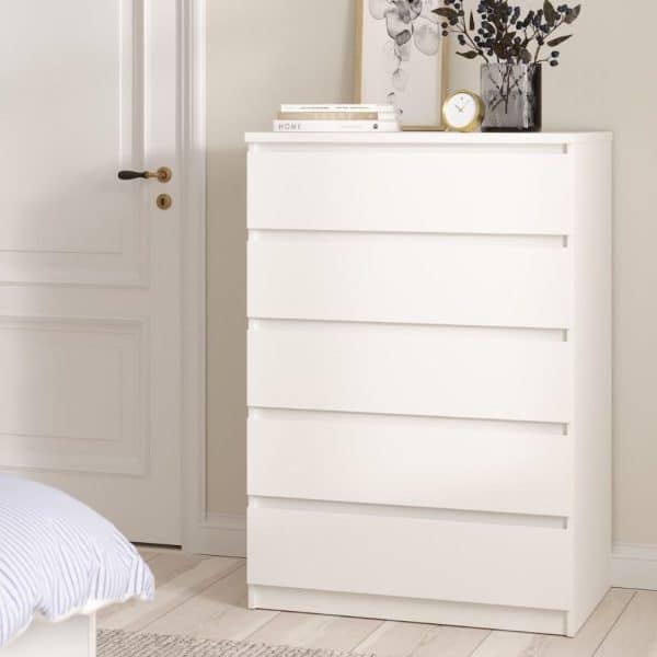 Nakou Wooden Chest Of 5 Drawers Wide In White | Bed Sava
