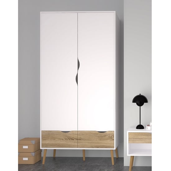 Oklo Wooden Wardrobe With 2 Doors 2 Drawers In White And Oak