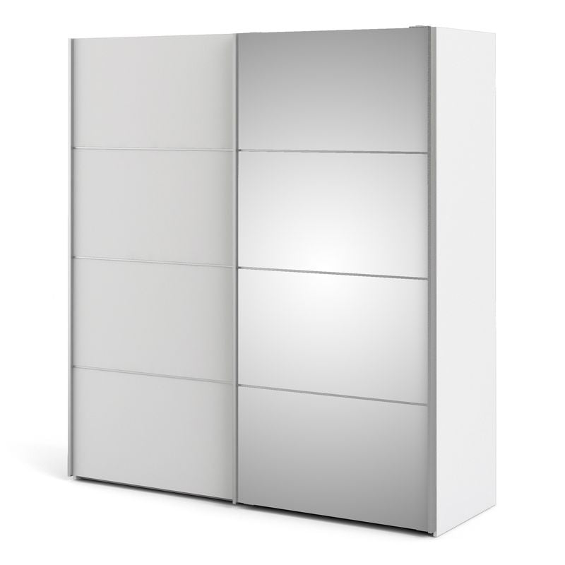 Verona Sliding Wardrobe 180cm in White with White and Mirror Doors with 5 Shelves | Bed Sava