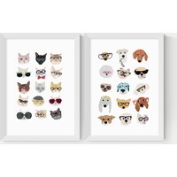 East End Prints Cats & Dogs In Glasses Twin Set Framed Art - A3 - White, Natural,White,Black
