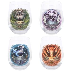Set of 4 Elemental Stemless Wine Glasses by Anne Stokes | Bed Sava