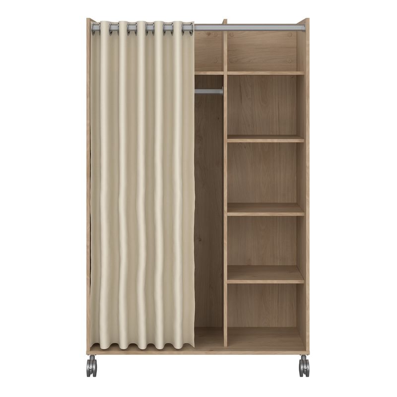 Uppsala Open Mobile Wardrobe Unit in Jackson Hickory Oak with a Beige Textile Curtain on Wheels | Bed Sava